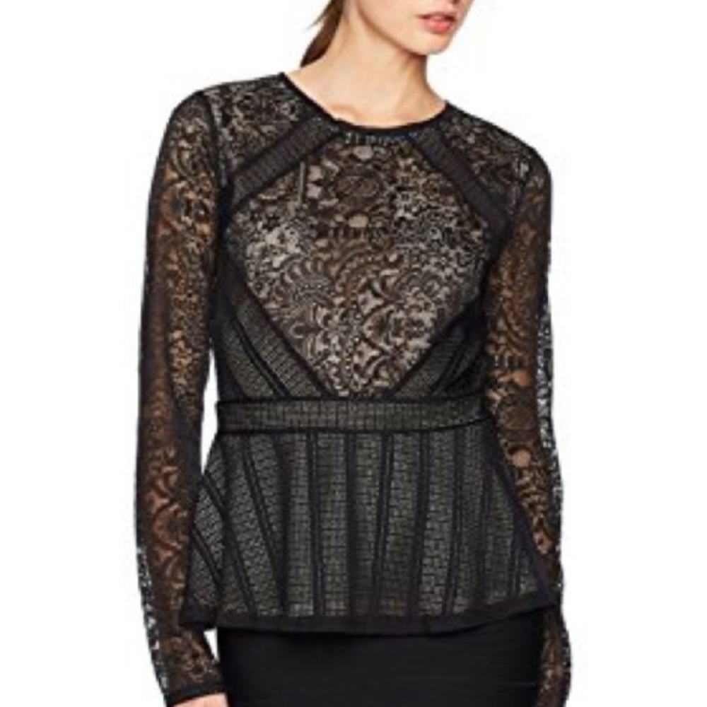 BCBGMaxAzria Capri Black Lace Long-Sleeve Peplum Blouse